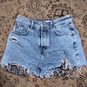 High-Rise Light Blue Distressed Denim Jean Shorts with Bandana Insets Cutoffs